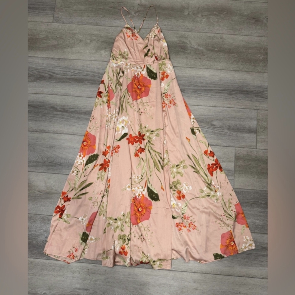 Lulus Still The One Blush Pink Floral Print Satin Maxi Dress - Size L - Picture 6 of 7